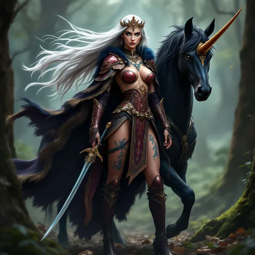 Prompt: full-body image, slender athletic female warrior, wearing intricately detailed maroon and copper metallic armor with boots, majestic dark blue and gold fur lined cloak billowing in the wind, holding a samurai sword, long straight silver hair flowing, elegant crown on her head, brilliant blue eyes, her bare body adorned in magnificent tattoos, poised stance exuding strength, dynamic pose standing next to her black unicorn with its golden horn, detailed armor textures reflecting light, dramatic shadows, mystical forest background, ethereal ambiance, cool color tones, high definition, ultra-detailed, captivating and heroic atmosphere.