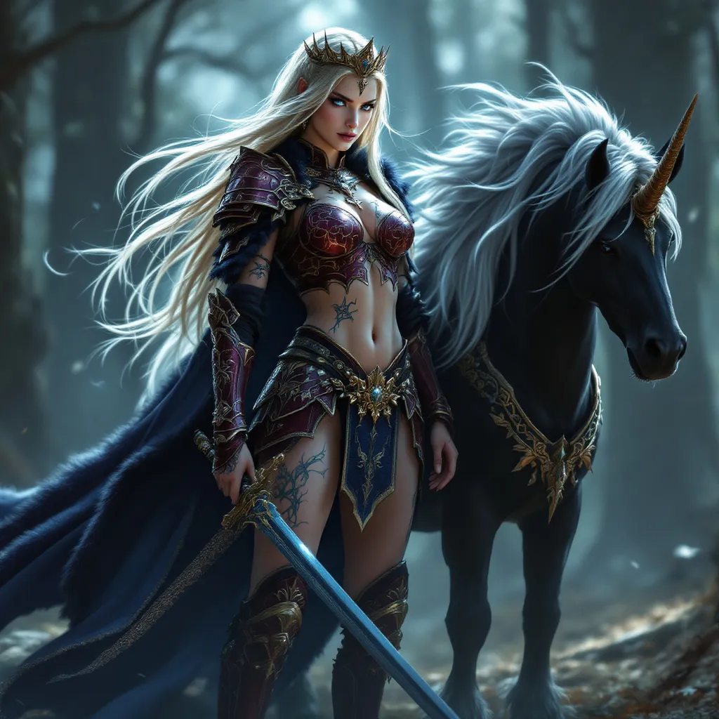 Prompt: full-body image, slender athletic female warrior, wearing intricately detailed maroon and copper metallic armor with boots, majestic dark blue and gold fur lined cloak billowing in the wind, holding a samurai sword, long straight blonde hair flowing, elegant crown on her head, brilliant blue eyes, her bare body adorned in magnificent tattoos, poised stance exuding strength, dynamic pose standing next to her black unicorn with its silver mane and golden horn, detailed armor textures reflecting light, dramatic shadows, mystical forest background, ethereal ambiance, cool color tones, high definition, ultra-detailed, captivating and heroic atmosphere.