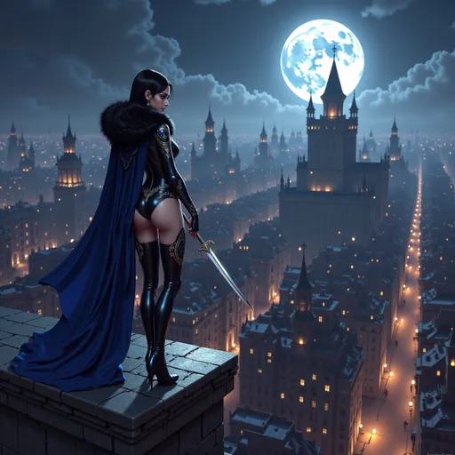 Prompt:  @U3fTXCTGV3pTbANimDfE A striking illustration of a female vampire perched high atop a stone rooftop standing in a confident pose, overlooking a sprawling medieval city bathed in moonlight. The full moon casts a silvery glow, illuminating the intricate architecture below, with narrow streets winding between tall, shadowy buildings. She is dressed in a sleek black and blue leather thief outfit with intricate silver designs and details that hugs her form, complemented by a luxurious black fur-lined cloak that billows slightly in the night breeze. She wields a gleaming silver rapier in her hand. Her posture is confident and poised, with one leg casually draped over the edge of the rooftop. The atmosphere is charged with mystery, as wisps of fog curl through the air, and the distant sounds of the city create an eerie backdrop. The scene captures the essence of stealth and intrigue, enhanced by the dramatic lighting and the enchanting moonlit sky.