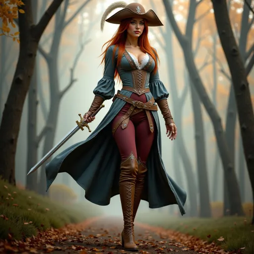 Prompt:  @A2mqLKVQiMwDbkPsm0Zm Slender woman wearing a Musketeer costume, full-body pose, long straight red hair, intricate details and textures of the outfit and boots, holding a Fencing sword with elaborate cross guard and finger rings on the sword, dramatic feathered hat, ornate embellishments, deep earth tones contrasted with pops of gold, enchanting background of a misty forest, soft, dappled lighting filtering through the trees, alluring, mysterious ambiance, high-quality, ultra-detailed image showcasing the elegance of classic Musketeer attire.