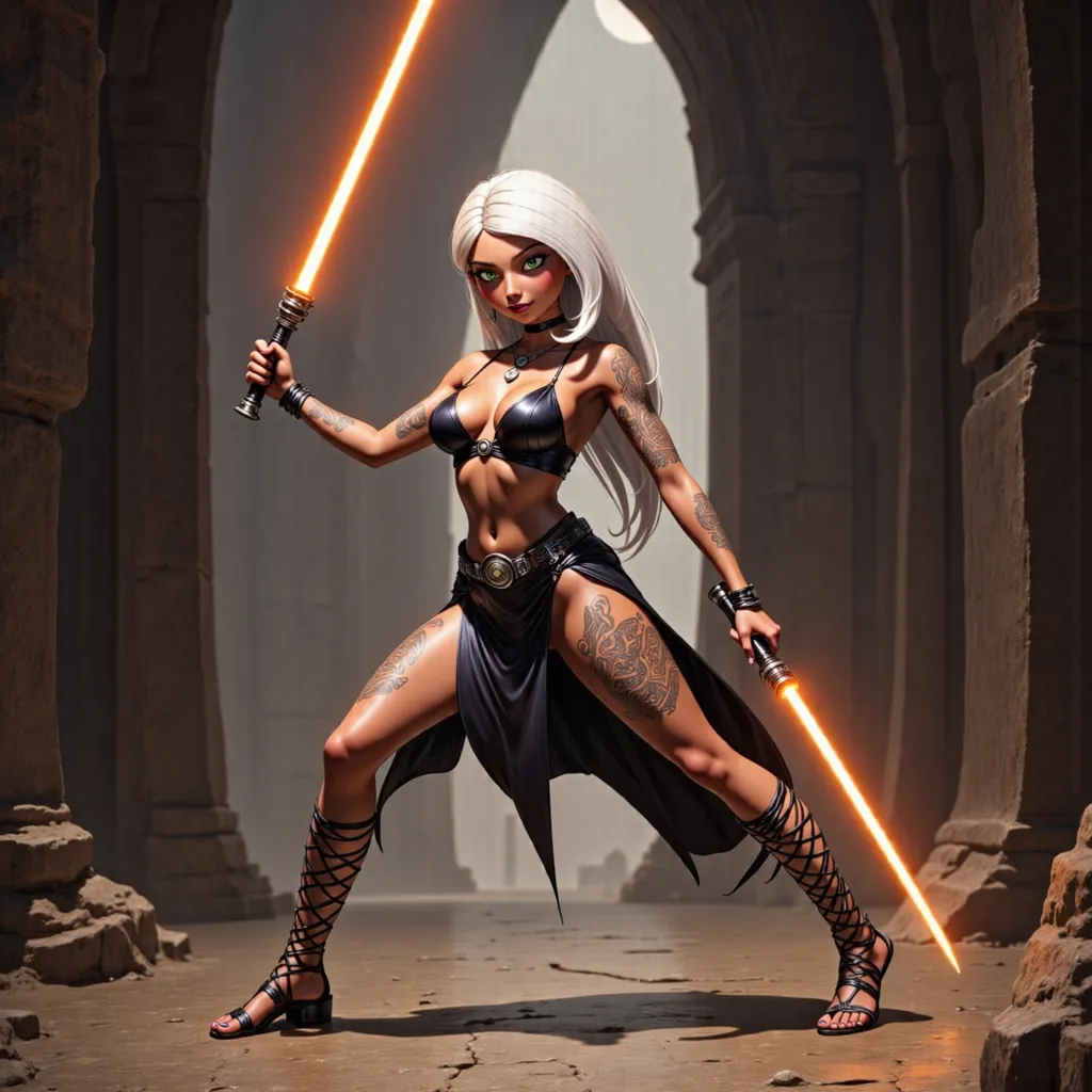 Prompt: Young female Jedi with silver hair, photorealistic full-body image, wearing regal jewelry  and laced up sandals, intricate Celtic tattoos elegantly decorating her entire  body, training with her lightsaber while using the Force, holding the lightsaber raised up in front of her defensively in a crouching stance, ancient Jedi temple, mystical ambiance, soft beams of moonlight filtering through dusty air, intricate stone carvings, serene yet intense atmosphere, glowing dark orange-colored lightsaber, faded sunbeams illuminating her body, focus and determination on her face, cinematic depth, high quality, 4K, ultra-detailed, immersive fantasy environment, rich textures.