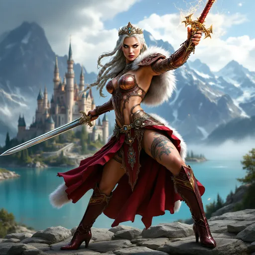Prompt: A full-body pose, stunning slender woman, with tattoos covering her body, wearing intricately detailed copper and red armor that has electricity flowing through it, with a long flowing white and dark red fur cloak, high heel boots and jeweled crown, long white braided hair, confidently brandishing an ornate silver sword shimmering in the light, aggressive stance, stern expression, dramatic fairytale castle on a beautiful blue lake in the background, majestic mountains surround the lake, vibrant colors, dynamic light highlighting her fierce expression, high detail and sharp contrast, epic atmosphere, ultra-detailed, cinematic masterpiece.
