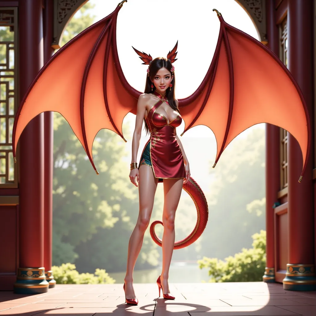 Prompt: @FIcYtNzdCfzM6wX6AvTT Full-body pose of a human hybrid, showcasing subtle Chinese dragon features, wearing a sleek outfit with high heels, with striking grand dragon wings, tail, legs and prominent ears distinctly visible. The atmosphere is imaginative, highlighting a unique blend of human and animal traits, set against a softly blurred, natural background. The scene is ultra-detailed, emphasizing the originality and elegance of this unique character design.