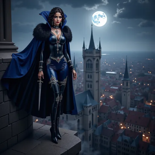 Prompt: @0AbzNDsCV8ABqDjjvD4X A striking illustration of a female vampire perched high atop a stone rooftop standing in a confident pose, overlooking a sprawling medieval city bathed in moonlight. The full moon casts a silvery glow, illuminating the intricate architecture below, with narrow streets winding between tall, shadowy buildings. She is dressed in a sleek black and blue leather thief outfit with intricate silver designs and details that hugs her form, complemented by a luxurious black fur-lined cloak that billows slightly in the night breeze. She wields a gleaming silver rapier in her hand.  Her posture is confident and poised, with one leg casually draped over the edge of the rooftop. The atmosphere is charged with mystery, as wisps of fog curl through the air, and the distant sounds of the city create an eerie backdrop. The scene captures the essence of stealth and intrigue, enhanced by the dramatic lighting and the enchanting moonlit sky.