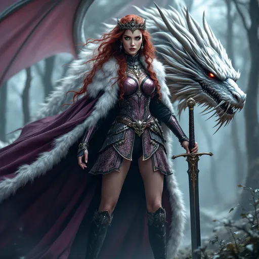 Prompt: full-body image, slender athletic female warrior, wearing intricately detailed dark pink and black metallic chainmail armor with boots, majestic white and gold fur lined cloak billowing in the wind, holding a samurai sword, extremely long curly red hair flowing down to the ground, elegant crown on her head, brilliant green eyes, her body adorned in magnificent tattoos, poised stance exuding strength, dynamic pose standing next to a silver dragon with its shimmering scales and giant wings unfurled, detailed armor textures reflecting light, dramatic shadows, mystical forest background, ethereal ambiance, cool color tones, high definition, ultra-detailed, captivating and heroic atmosphere.
