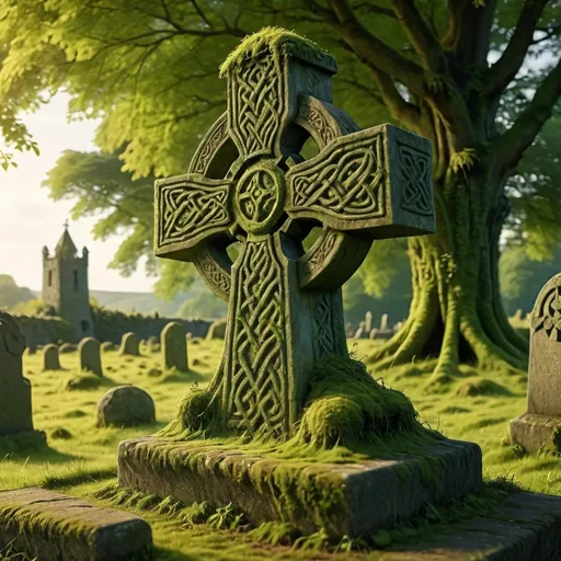 Prompt: Ancient Celtic cross headstone covered in lush moss, standing alone in a serene walled-in field, an evocative Irish tower nearby, enveloped in creeping vines, soft golden sunlight casting gentle shadows, an atmosphere of timeless beauty and solitude, vibrant green hues dominate the landscape. 4K ultra-detailed, showcasing intricate stone carvings, dappled light filtering through leaves, a tranquil and nostalgic ambiance.