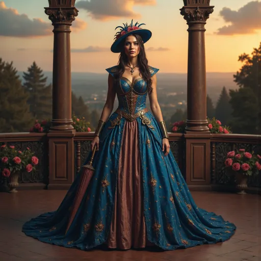 Prompt: @NPdlHARoxfu9SEaio9VJ  A full-body portrait of a proper Countess, exuding elegance and confidence, stands poised on a lavish balcony. She wears an intricately detailed blue and copper lace gown that cascades gracefully to the floor, adorned with delicate floral patterns and shimmering accents that catch the light. A stylish hat, embellished with feathers and ribbons, rests atop her elegantly styled hair that is pulled back and braided. Regal jewelry adorns her body. In one hand, she holds a beautifully crafted parasol, its fabric matching her gown, casting soft shadows on her porcelain skin. The balcony is adorned with ornate wrought iron railings and vibrant flowers, while the soft glow of sunset bathes the scene in warm hues, enhancing the Countess's regal presence. The angle captures her from slightly below, emphasizing her stature against the backdrop of a picturesque landscape.