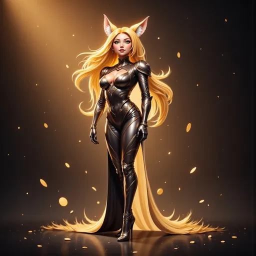 Prompt: A striking figure emerges from a mystical backdrop, with flowing golden hair adorned with fox-like ears and an intricate, shimmering armor and high heel boots that reflects a luminous glow. The scene is suffused with ethereal light, highlighting the delicate features of her face that exude both strength and grace, while cascading locks frame her visage. She possesses a captivating presence, positioned confidently against a soft-focus environment of swirling golden particles, suggesting an enchanting realm. The richly designed armor enhances her silhouette, blending elegance with an otherworldly allure, embodying both strength and femininity as she seamlessly merges human and fantastical elements. The overall mood is one of magical allure, inviting viewers into a story steeped in both beauty and mystery.
