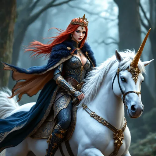 Prompt: full-body image, slender athletic female warrior, wearing intricately detailed dark blue and copper metallic chainmail armor with boots, majestic dark blue and gold fur lined cloak billowing in the wind, holding a samurai sword, long straight red hair flowing, elegant crown on her head, brilliant blue eyes, her body adorned in magnificent tattoos, poised stance exuding strength, dynamic pose riding on her massive white Unicorn with its black mane and golden horn, detailed armor textures reflecting light, dramatic shadows, mystical forest background, ethereal ambiance, cool color tones, high definition, ultra-detailed, captivating and heroic atmosphere.