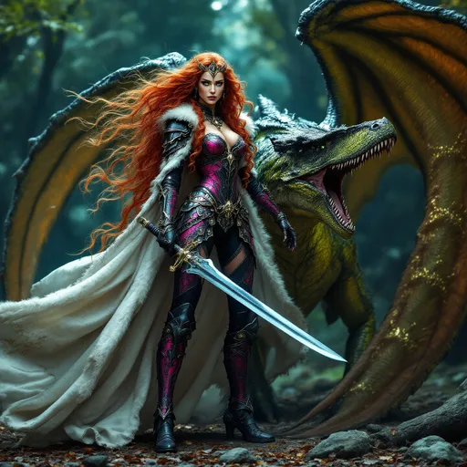 Prompt: full-body image, slender athletic female warrior, wearing intricately detailed dark pink and black metallic chainmail armor with boots, majestic white and gold fur lined cloak billowing in the wind, holding a samurai sword, extremely long curly red hair flowing down to the ground, elegant crown on her head, brilliant green eyes, her body adorned in magnificent tattoos, poised stance exuding strength, dynamic pose standing next to a green and black velociraptor dinosaur (the size of a horse) with its shimmering scales and giant wings unfurled, detailed armor textures reflecting light, dramatic shadows, mystical forest background, ethereal ambiance, cool color tones, high definition, ultra-detailed, captivating and heroic atmosphere.