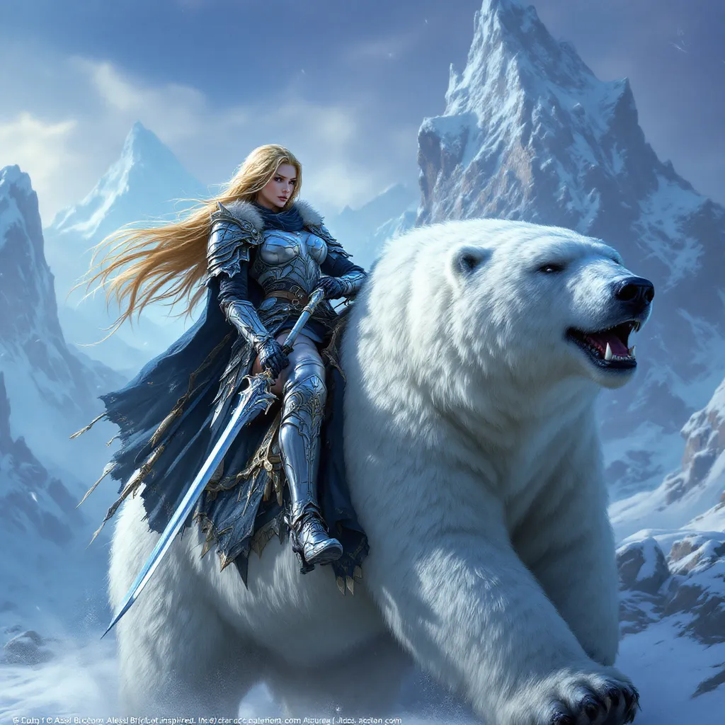 Prompt: woman riding a polar bear in armor, majestic snowy mountain setting, epic fantasy atmosphere, intricate armor design, Aleksi Briclot inspired, furry art style, highly detailed character art, concept art vibes, dramatic lighting illuminating the scene, cool tones of blue and white, ultra-detailed, captivating and adventurous ambiance.