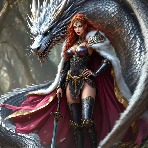 Prompt: full-body image, slender athletic female warrior, wearing intricately detailed dark pink and black metallic chainmail armor with boots, majestic white and gold fur lined cloak billowing in the wind, holding a samurai sword, extremely long curly red hair flowing down to the ground, elegant crown on her head, brilliant green eyes, her body adorned in magnificent tattoos, poised stance exuding strength, dynamic pose standing next to a silver dragon with its shimmering scales and giant wings unfurled, detailed armor textures reflecting light, dramatic shadows, mystical forest background, ethereal ambiance, cool color tones, high definition, ultra-detailed, captivating and heroic atmosphere.
