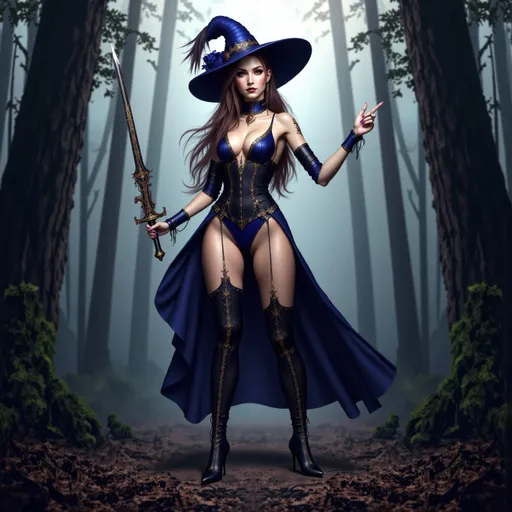Prompt: @jTlzMhK6fM8H3XVSW8q1 Slender woman wearing a blue and black and silver Musketeer costume, full-body pose, intricate details and textures of the outfit and boots, wielding an elaborately decorated Samurai sword in her hand pointed forward, dramatic feathered hat, ornate embellishments, deep earth tones contrasted with pops of gold, enchanting background of a misty forest, soft, dappled lighting filtering through the trees, alluring, mysterious ambiance, high-quality, ultra-detailed image showcasing the elegance of classic Musketeer attire.