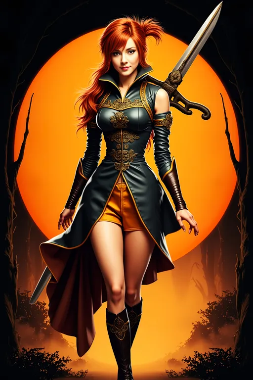 Prompt: Slender woman with dark crimson hair, wearing a Japanese costume, full-body pose, intricate details and textures of the outfit and boots, holding a Fencing sword with elaborate cross guard and finger rings on the sword, dramatic feathered hat, ornate embellishments, deep earth tones contrasted with pops of gold, enchanting background of a misty forest, soft, dappled lighting filtering through the trees, alluring, mysterious ambiance, high-quality, ultra-detailed image showcasing the elegance of classic Musketeer attire.