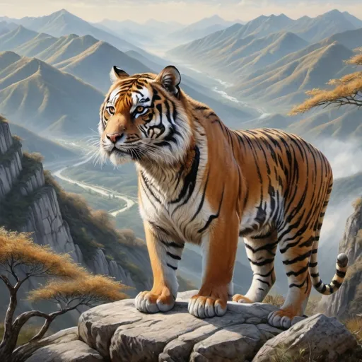 Prompt: ULTRA REALISTIC with DETAIL Painting of TIGER(Full-view l) looking down on natural mountain landscape on top of a mountain.