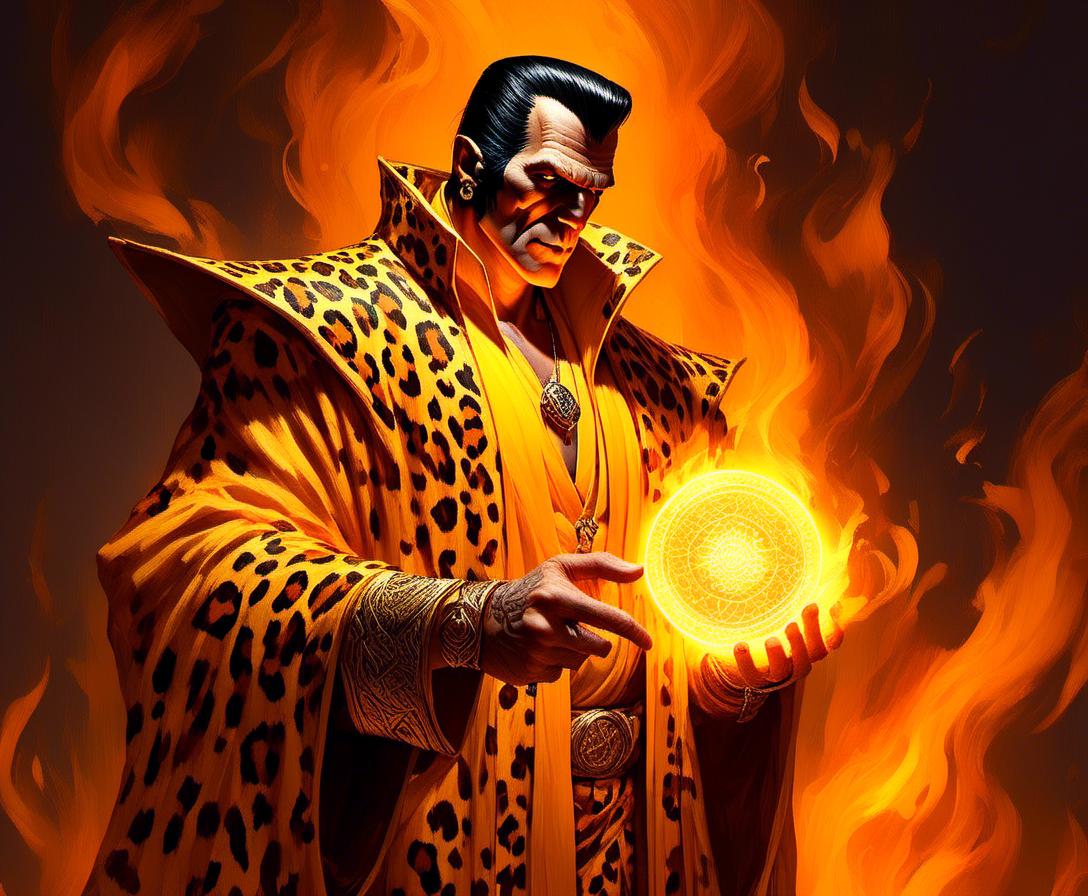 Prompt: <mymodel>World of Warcraft priest in yellow leopard print robes, performing raids in Molten Core, intense and focused expression, high-fantasy MMORPG setting, detailed robes with intricate patterns, magical effects, professional art quality, highres, ultra-detailed, fantasy, MMORPG, detailed character design, yellow and orange tones, atmospheric fantasy lighting