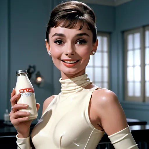 Prompt: Audrey Hepburn wearing latex, very short cloths, happy, milk, 36K resolution, 36K raytracing, hyper-detailed, hyper-quality, perfect anatomy