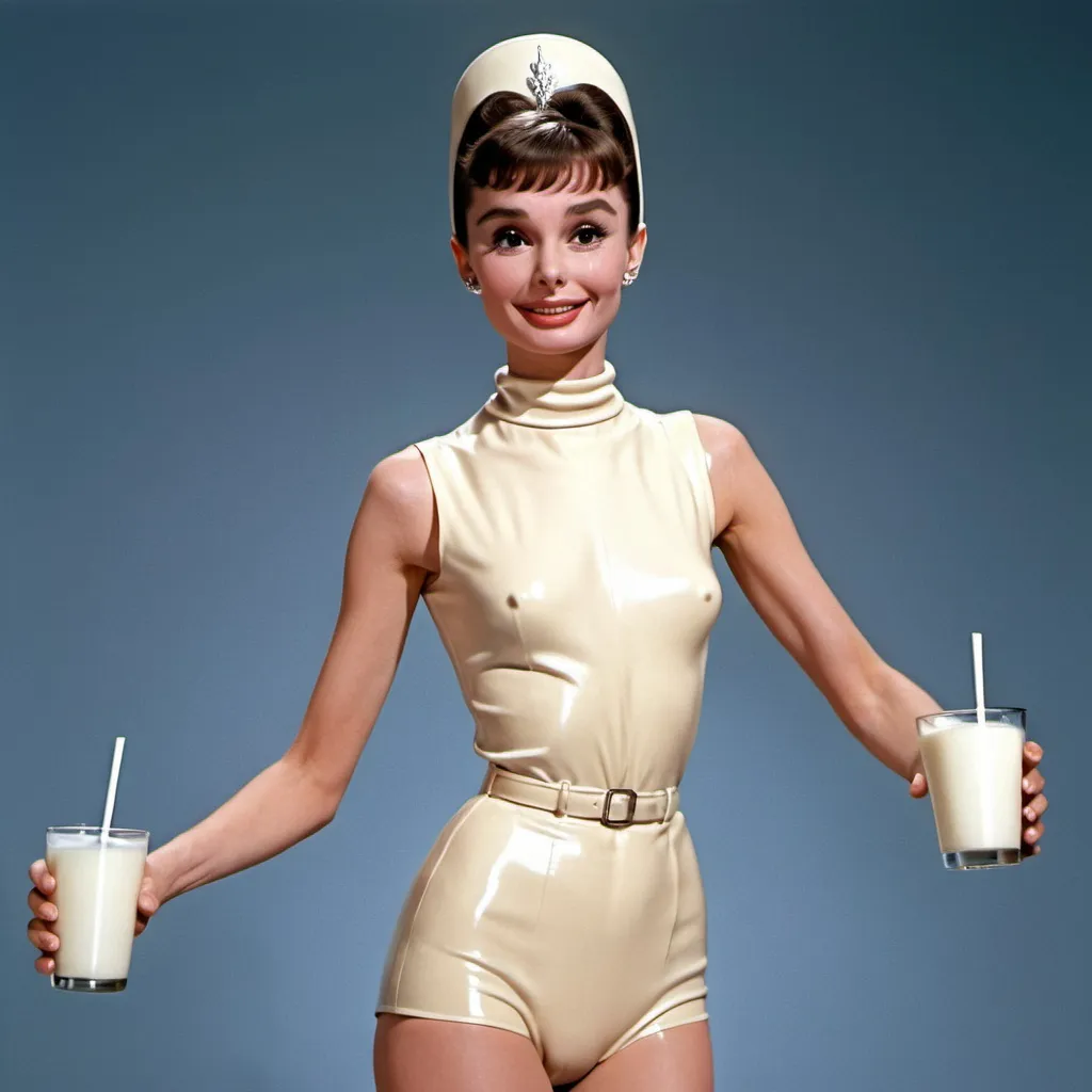 Prompt: Audrey Hepburn wearing latex, very short cloths, happy, milk, 36K resolution, 36K raytracing, hyper-detailed, hyper-quality, perfect anatomy