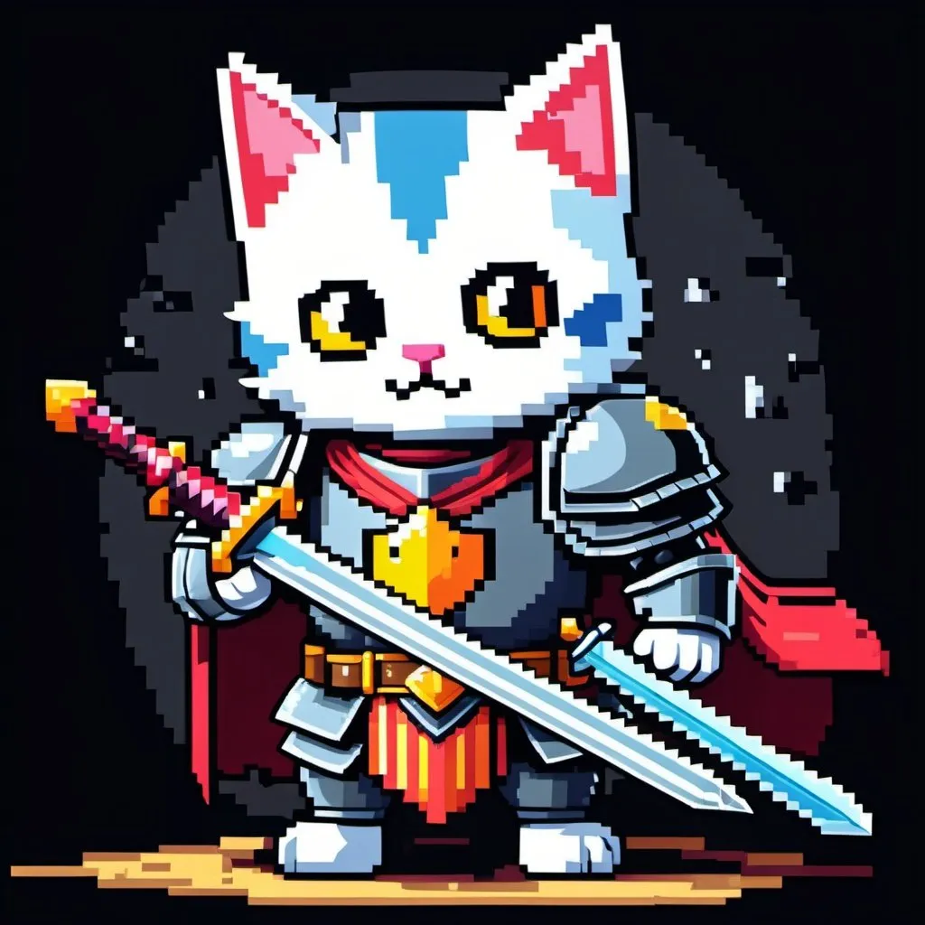 Prompt: Cat knight with a holy sword pixel art 