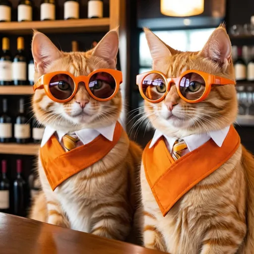 Prompt: two orange striped cats with eclipse glassses on sitting at a wine bar 