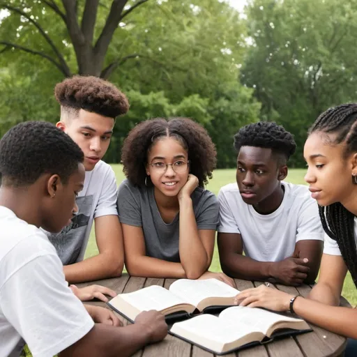 Prompt: A youth bible study, outside setting with both black and white races, male and female 