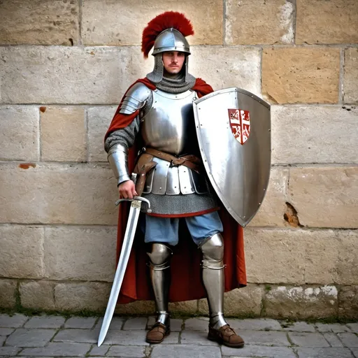 Prompt: A medieval soldier with a sword shield breastplate, helmet and shoes 