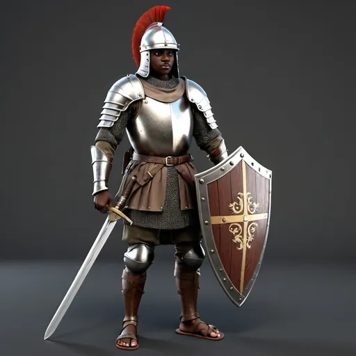 Prompt: Medieval soldier with a sword, shield breastplate, helmet and sandals with a dark skin