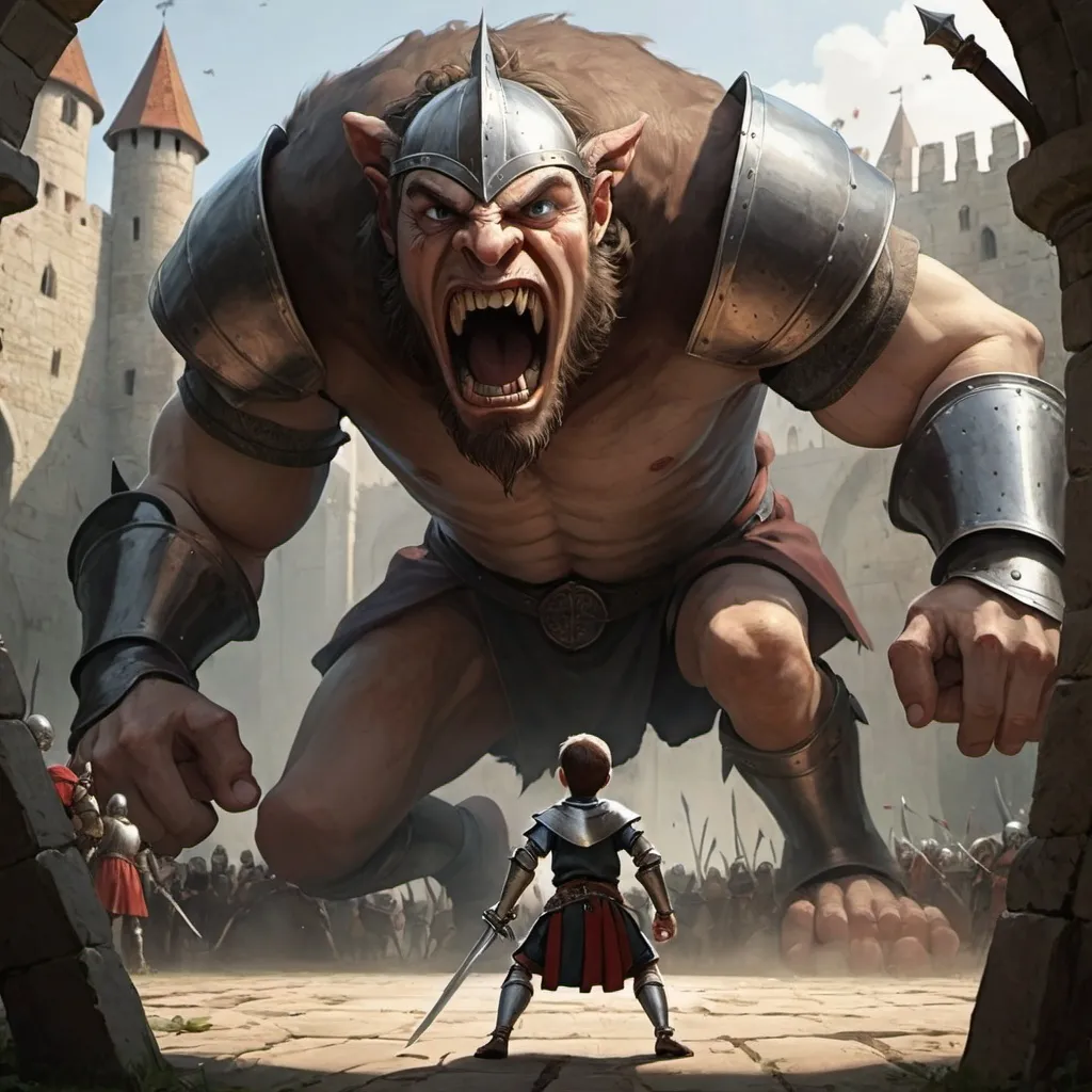 Prompt: A boy facing a giant in a medieval combat