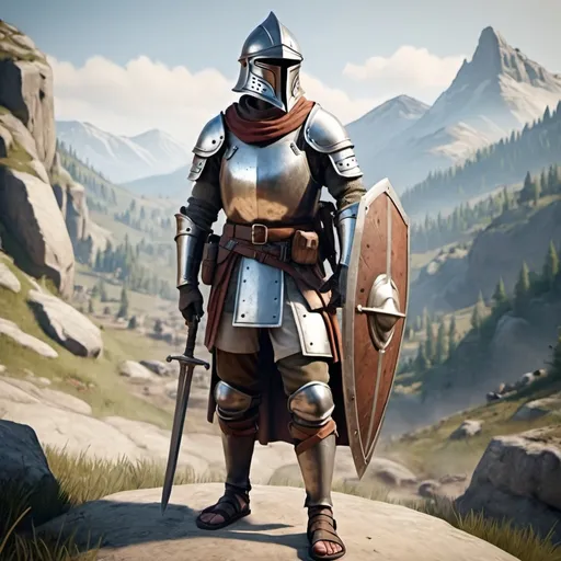 Prompt: A full image of medieval soldier with a sword shield breastplate helmet and sandals in battlefront, afternoon mountainous theme 