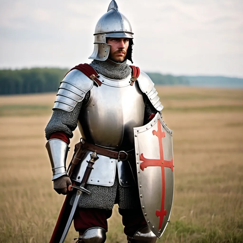 Prompt: A medieval soldier with a sword shield breastplate, helmet and shoes in Battlefield 