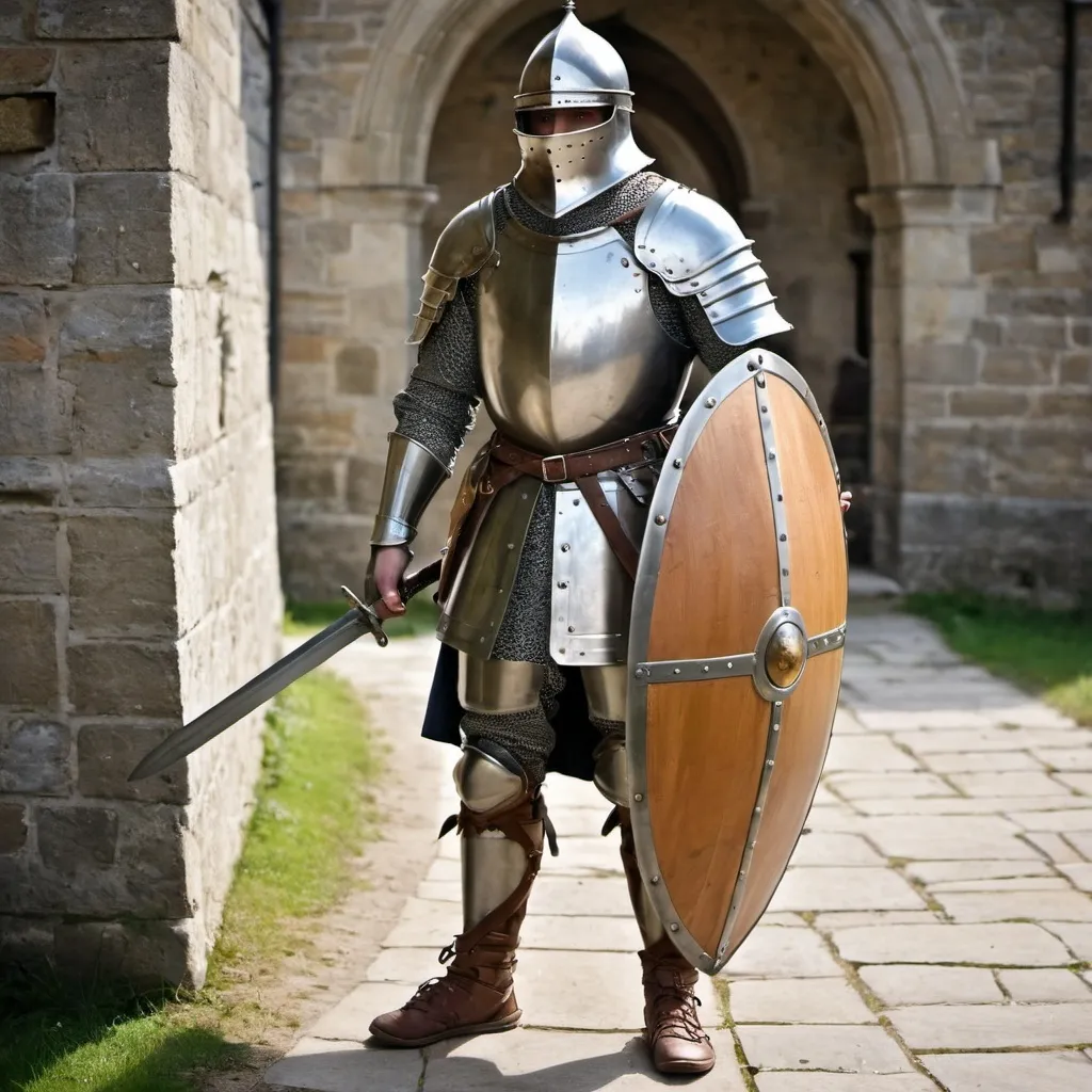 Prompt: A medieval soldier with a sword shield breastplate, helmet and shoes 