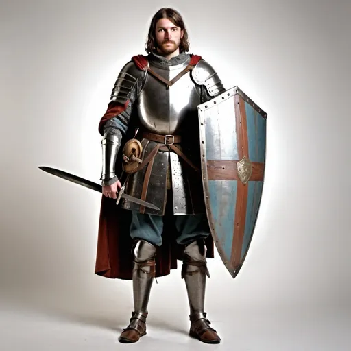 Prompt: Full image of a medieval soldier with a sword and shield, breastplate and shoes