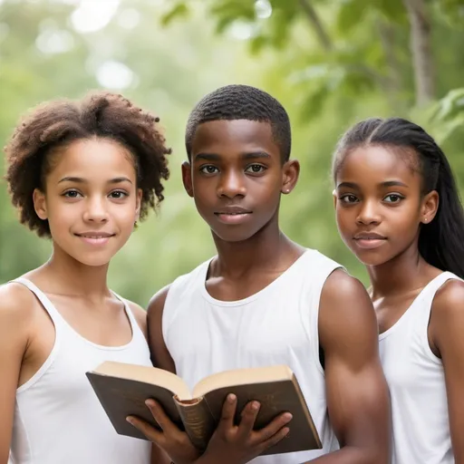 Prompt: Youth about four, male and female. White and black races for a book cover with a Bible with a natural background 