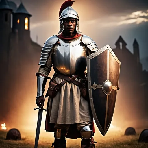 Prompt: Medieval soldier with a sword, shield breastplate, helmet and sandals with a dark skin at war, evening theme