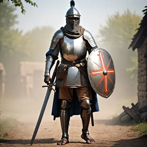 Prompt: A full image of medieval soldier with a sword, shield breastplate, helmet and sandals with a dark skin at war, morning theme