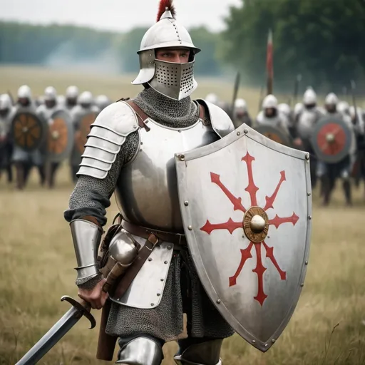 Prompt: A medieval soldier with a sword shield breastplate, helmet and shoes in Battlefield 