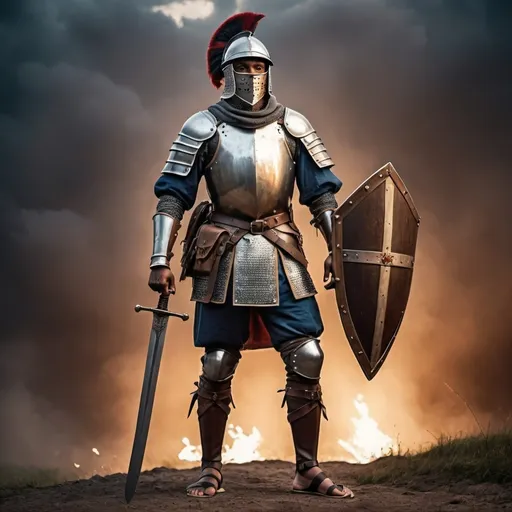 Prompt: A full image of medieval soldier with a sword, shield breastplate, helmet and sandals with a dark skin at war, evening theme