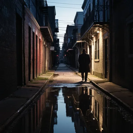 Prompt: A dark alleyway in New Orleans, with Damon’s shadowy figure partially visible in the foreground. He’s looking at a distant canal reflecting the city’s dim lights. Cover has a gritty, noir feel, with the title “Shadows of Reflection” illuminated subtly against the dark background.