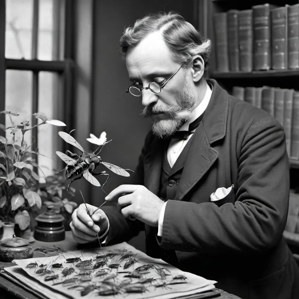 Prompt: Victorian entomologist black and white photo