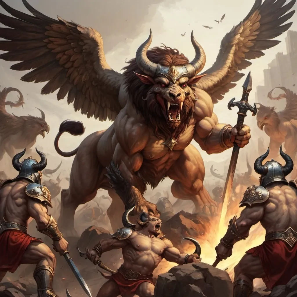 Prompt: minotaur army fighting griffins
