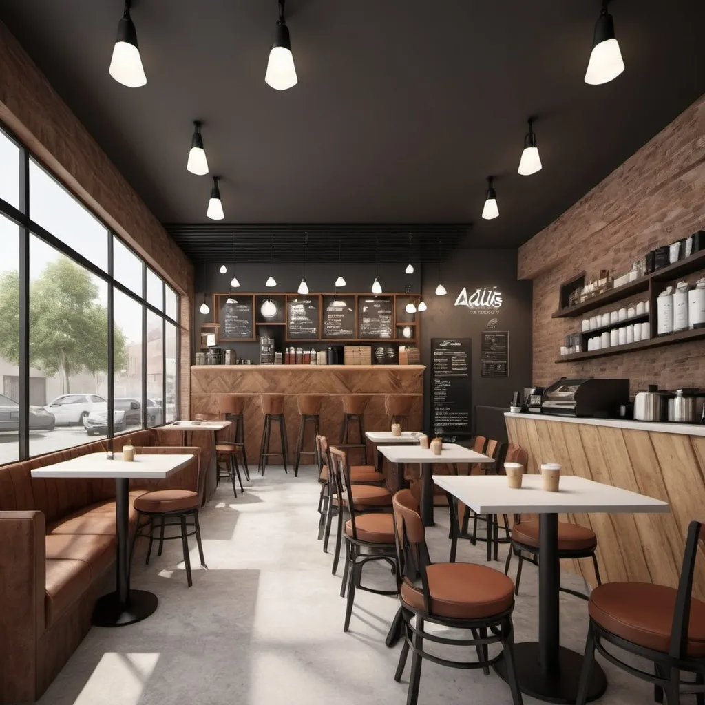 Prompt: Adulis coffee would like to decorate three spaces in our existing and active coffee Rotatory, coffee shop and Ethiopian Cuisine restaurant. We would to create a modern concept for a medium-sized coffee shop with a 3D design that can be implemented by architects and handymen.

Key Requirements:
- 3D design for the store front, interior walls, and outdoor seating area. The design should be modern and appealing, suitable for a medium-sized coffee shop.
- The design should be practical, ensuring it can be implemented by architects and handymen. Currently our coffee shop has Adulis Coffee and Roastery Sign, we would like to have Ethiopian Cousin Under the Adulis coffee and Roastery sign.

Ideal Freelancer:
- Experience in 3D design, especially for commercial spaces.
- Familiarity with modern design concepts.
- Ability to create practical, implementable designs.
Generate the front view and back view with right side