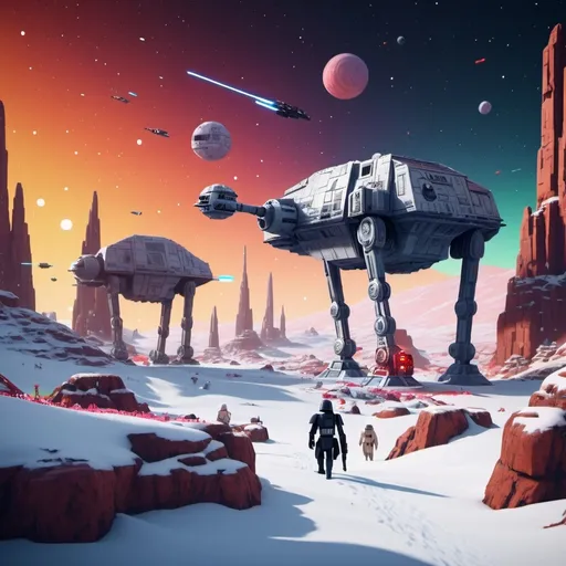 Prompt:  (A.T.-A.T. in a galaxy far far away), vibrant colors, retro graphics, voxel-based landscape, distant stars twinkling, playful atmosphere, digital art, engaging and dynamic elements, snowy terrain, immersive environment, intricate details, (star wars characters interacting), high-quality render, showcasing the adventurous spirit of space battles.