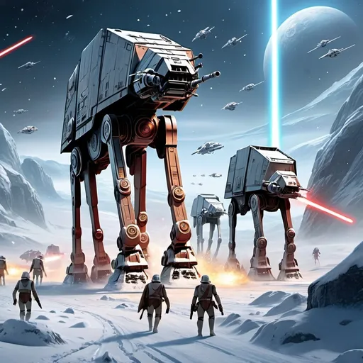 Prompt: (dramatic scene of an epic snow battle), futuristic snow landscape, (intense atmosphere), icy terrain, starships engaged in combat, blasters firing, AT-AT walkers advancing, (galactic backdrop with twinkling stars), pulse of excitement, (high detail), ultra-detailed, cinematic colors with cool tones, dynamic and immersive action, (Star Wars universe).