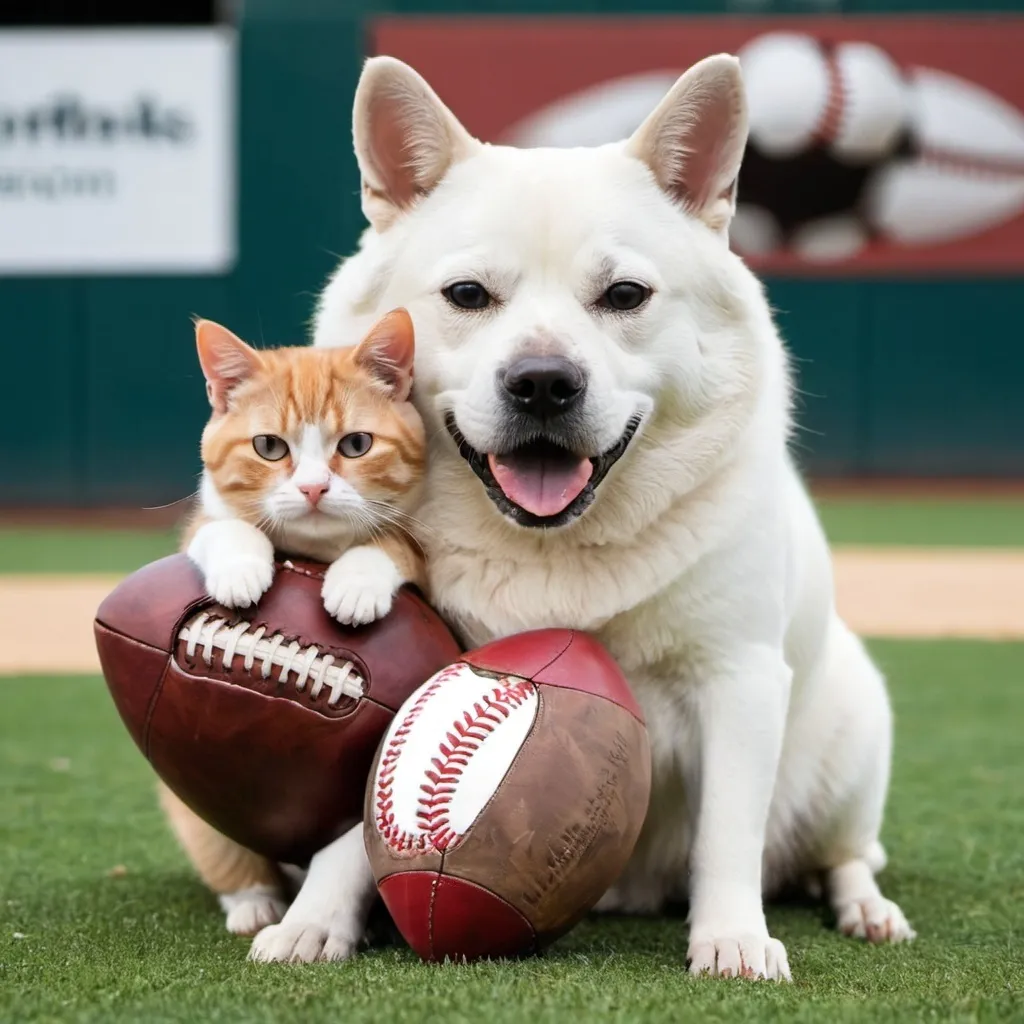 Prompt: baseball cat and football dog