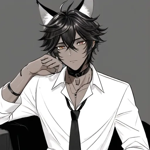 Prompt: A brown skin young adult man that has pitch black hair and fox ears with a professors outfit with a tired look on his face resting his chin on his hand