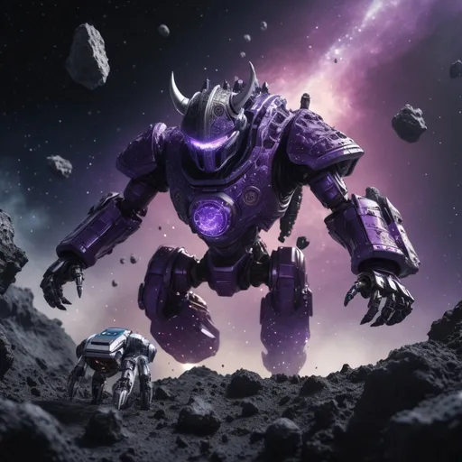 Prompt: Tiny viking robot floating on asteroid, battling purple dragon-like dark matter monster in space, highres, detailed, sci-fi, fantasy, dark tones, cosmic lighting, futuristic design, space battle, robotic viking, dark matter monster, asteroid setting, epic fight scene