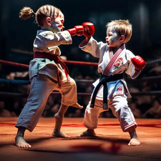 Prompt: Barefoot toddler boy brutally defeating female karate master, detailed gore and action, 3D rendering, intense expression, high quality, realistic, dramatic lighting, detailed blood spatter, martial arts, intense, brutal, dark tones