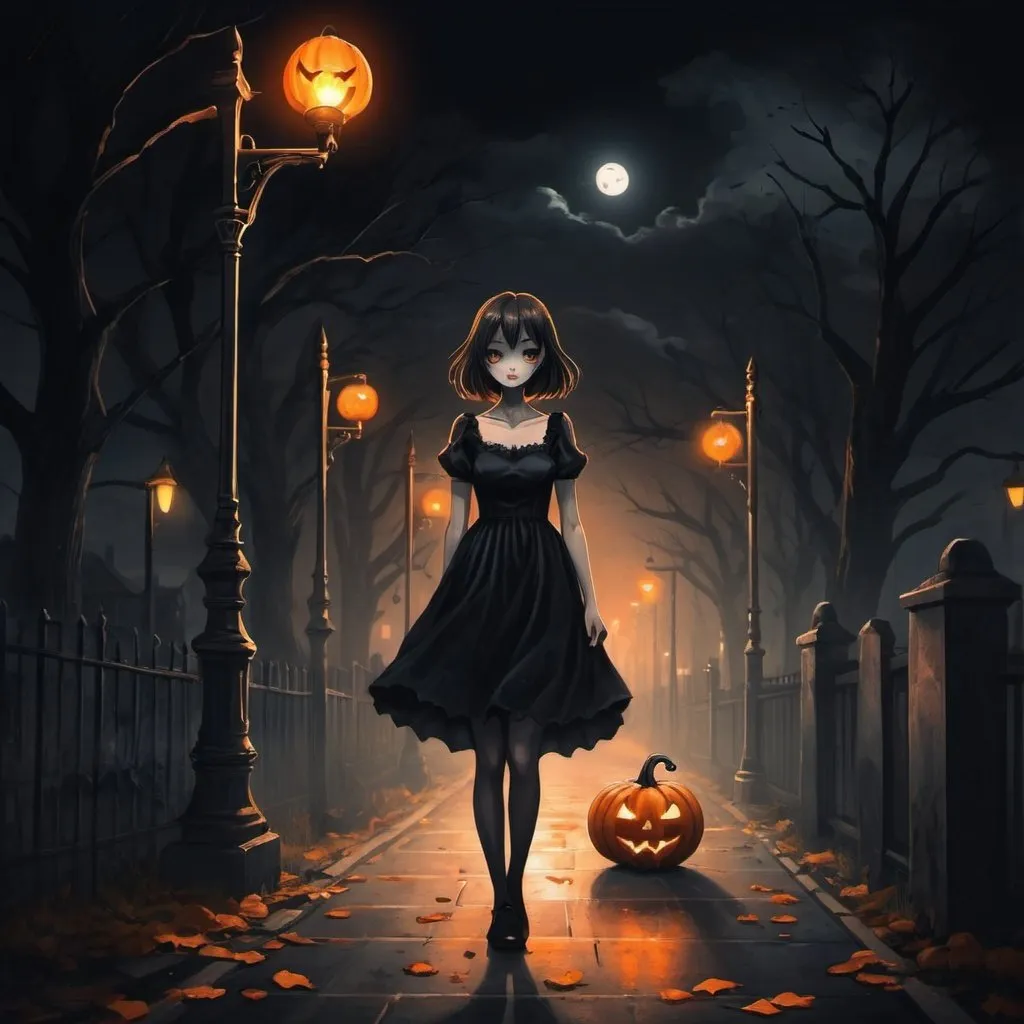 Prompt: Anime-style illustration of a spooky Halloween scene, eerie black surroundings, orange pumpkin as a focal point, street lamps emitting eerie light, creepy and ominous atmosphere, detailed and expressive eyes, high quality, anime, Halloween, spooky, detailed pumpkin, dark tones, ominous lighting, i want a girl walking here a anime girl wearing black dress 