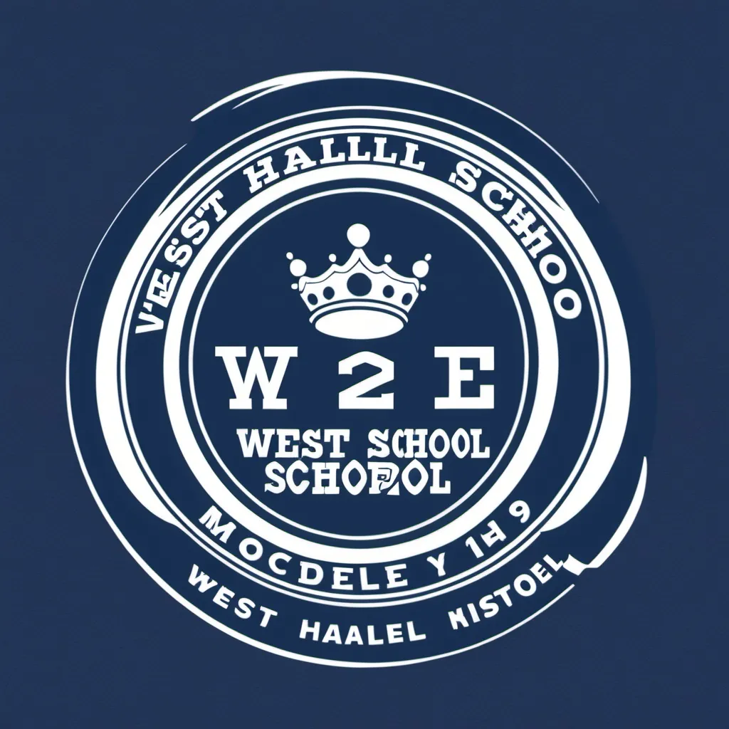 Prompt: year book cover  using white navy blue that says west hall middle school