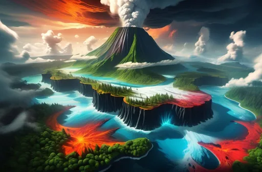 Prompt: giant islands in a surreal landscape, (volcanic island with flowing lava), (icy island glistening with frost), (toxic island with vibrant hues), (lush forest island teeming with greenery), dynamic cloud formations casting dramatic shadows, high depth, vibrant colors, atmospheric lighting, fantastical scene, epic scale, ultra-detailed, cinematic masterpiece.